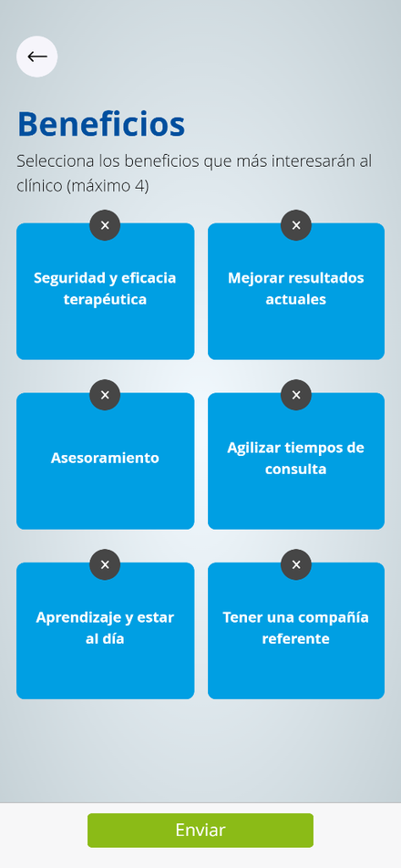 Pantalla de móvil donde el delegado selecciona los beneficios que interesarán al clínico